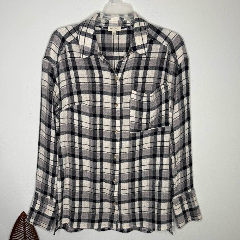 C25 NWT Anthropologie Pilcro black‎ white gingham tunic top lightweight button